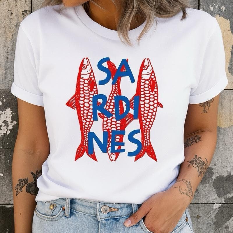 Camiseta Feminina Estampa Sardinhas 100% Algodão Estilo e Confortável T-shirt Casual