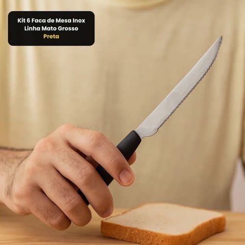 Kit 6 Facas Mesa Inox Cabo Preto Linha Mato Grosso Durável Prático Moderno