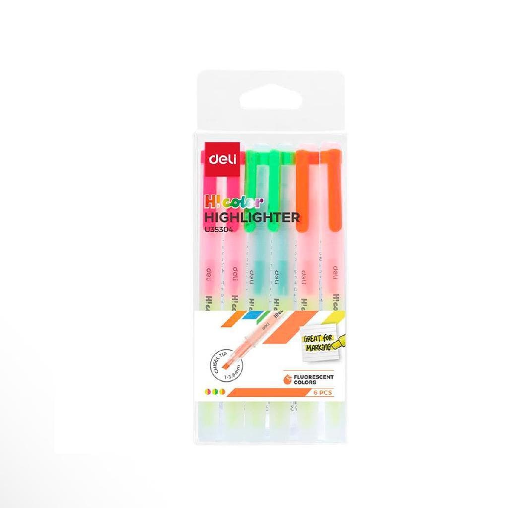 Caneta marca texto ponta dupla fluorescente cinzel 6 peças material escolar