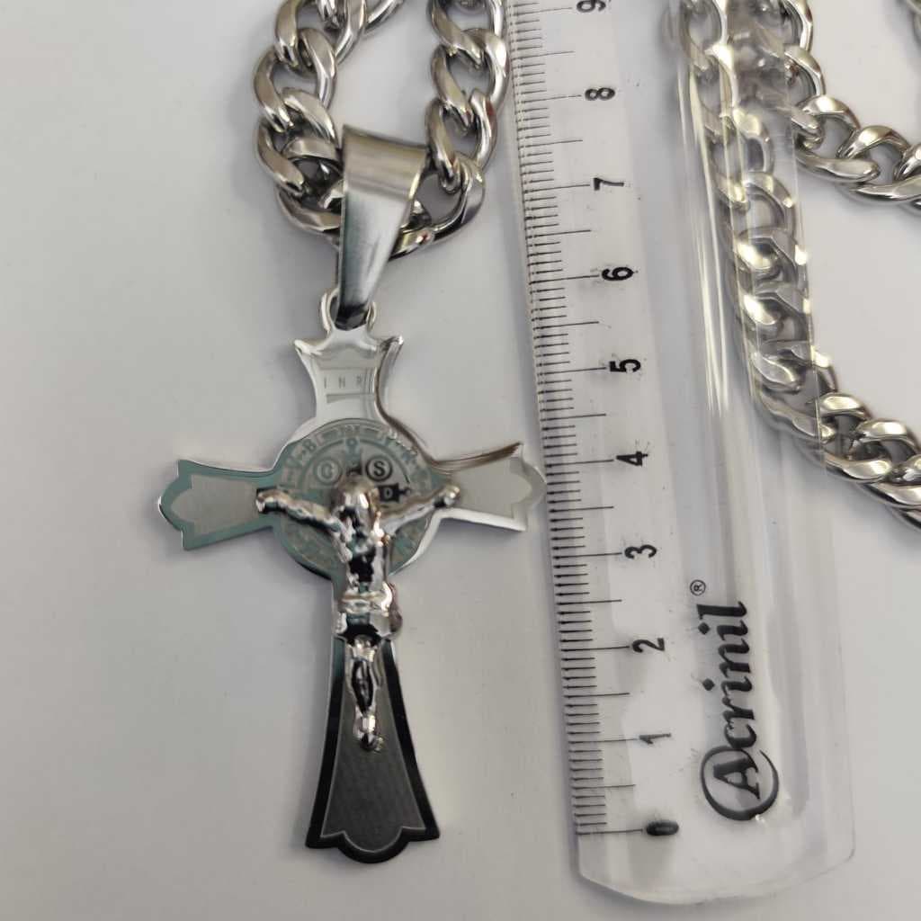 Corrente Pingente em Aço Inox Cruz Jesus São Bento 10 mm Grossa 1 X 1