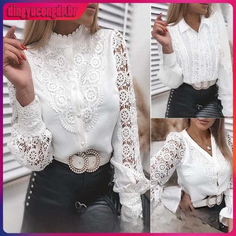 Primavera Verão Moda Renda Manga Comprida Decote Em V Botão Para Baixo Feminino E # 39camisa ; s