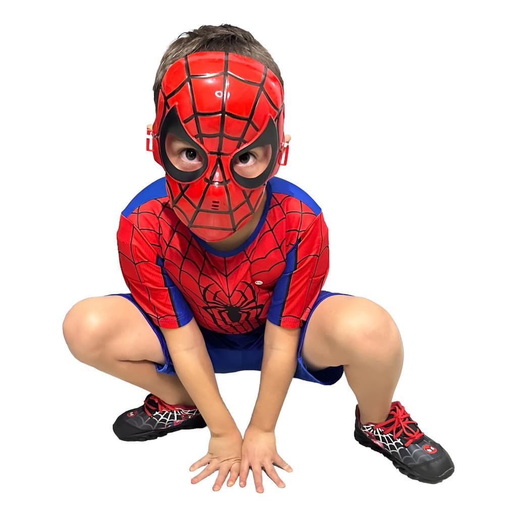 Roupa Infantil Homem Aranha + MASCARA DE PLASTICO CONFORTAVEL E com Enchimento - Fantasia IDENTICA