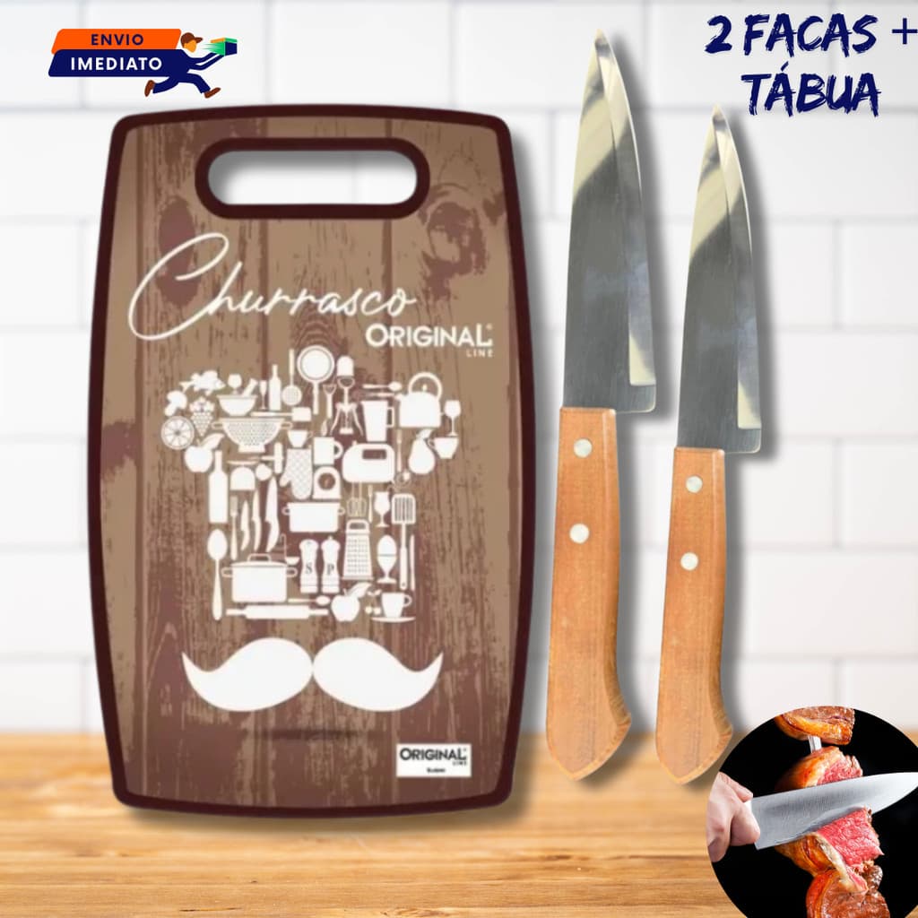 FACAS 7" E 6" INOX CABO MADEIRA CARNE CHURRASCO LEGUMES E TÁBUA CORTE PVC