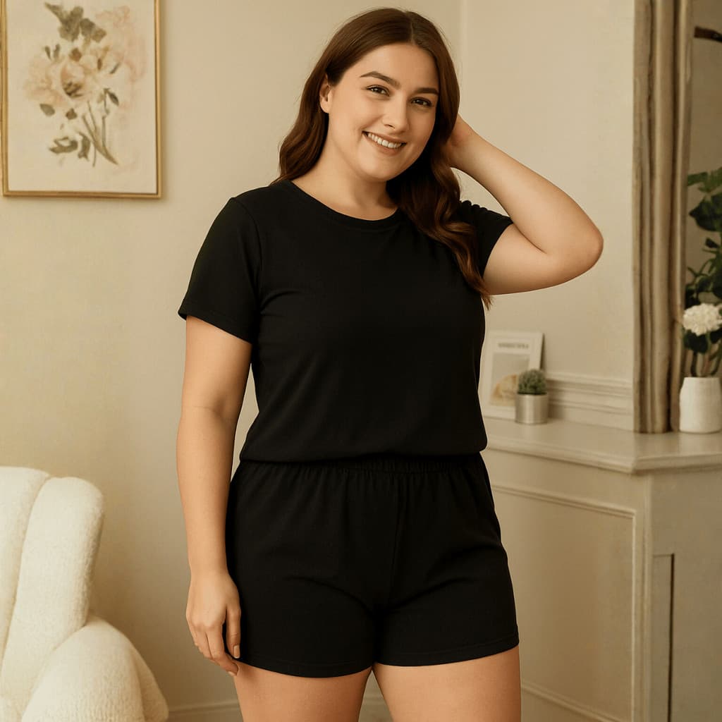 Baby Doll Plus Size Suede Liso Conjunto Short Camisa Manga Curta Pijama Confortável