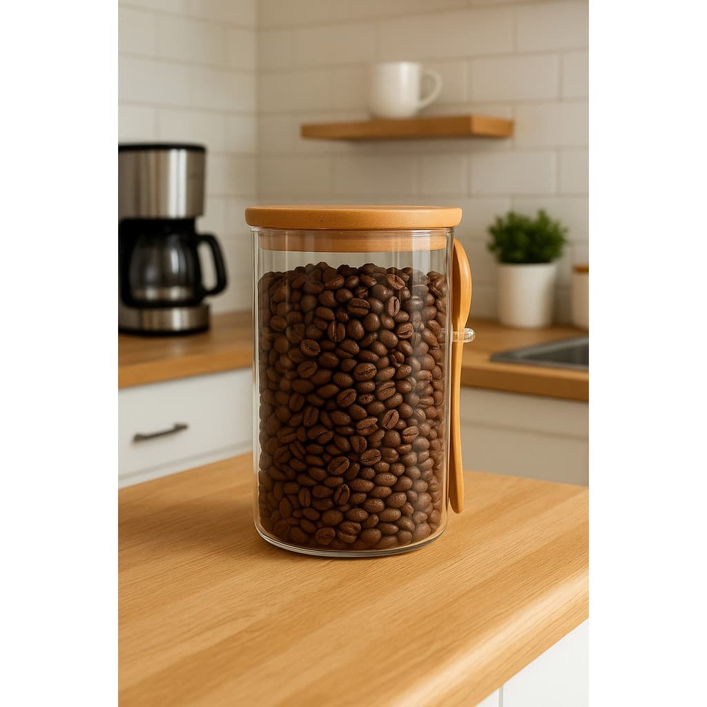Kit 3 Potes Hermético de Vidro com Tampa de Bambu e Colher 1300ml