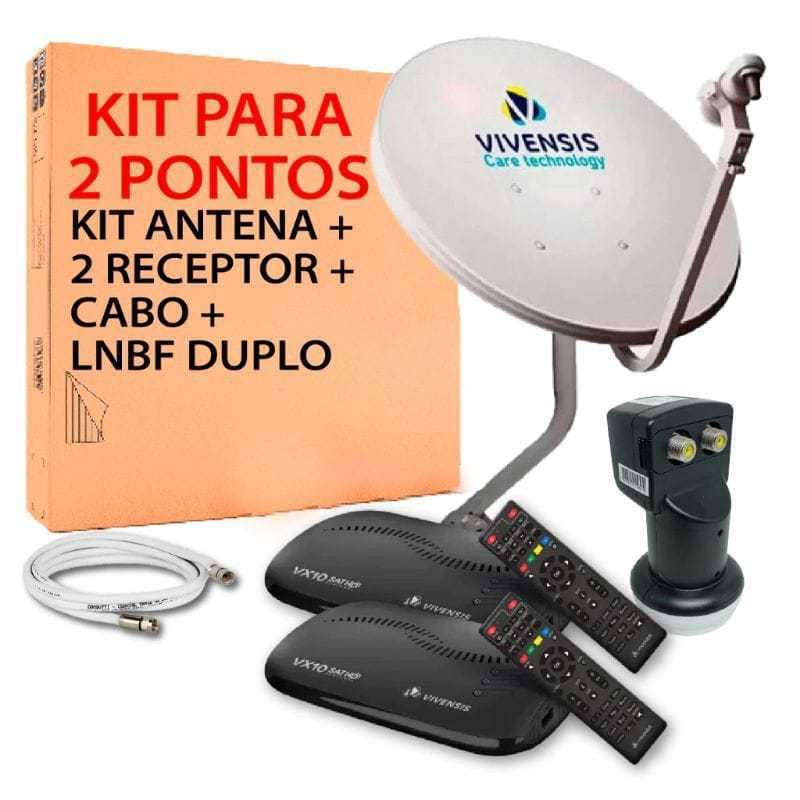Combo Vivensis VX10 com 2 Receptores + Antena KU 60cm + LNBF Duplo + Cabos