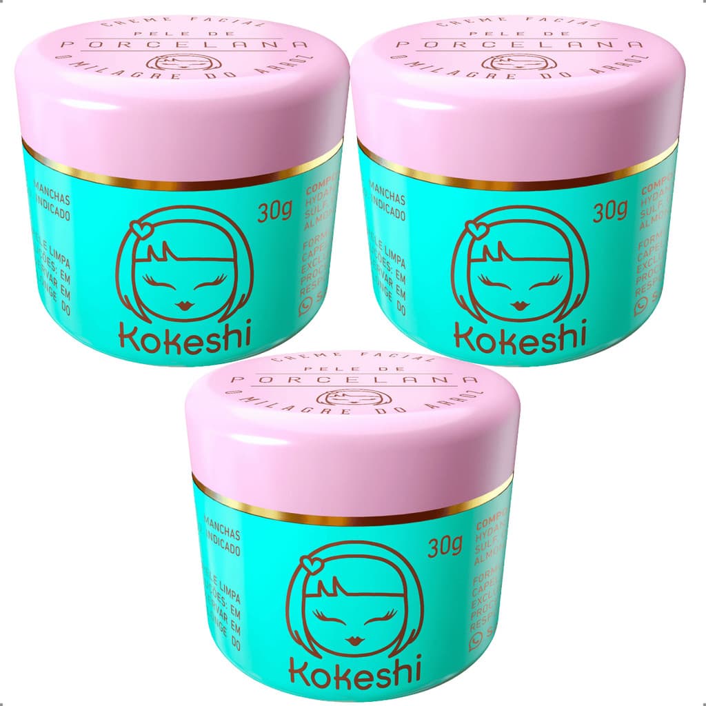 KIT 3 Creme Hidratante Facial Pele de Porcelana Para Rosto Kokeshi Milagre do Arroz 30g Cada