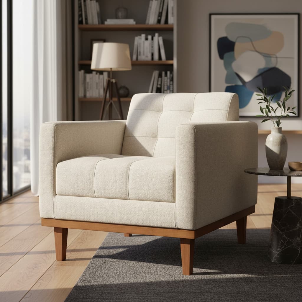 Poltrona Para Sala Decorativa Estofada Tecido Linho Bege