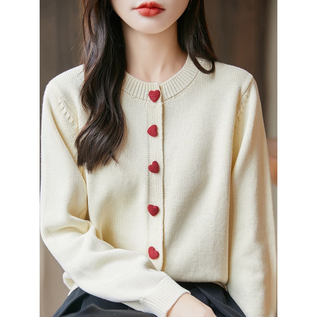 Fio de algodão puro malha Cardigan camisola feminina em torno do pescoço solto manga comprida amor botão exterior nós