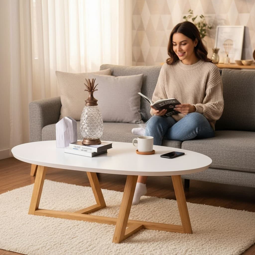 PROMOÇÃO Mesa de Centro Oval 90cm MDF e Pinus Classica com Pés Taeda Madeira Maciça P/ Sala Recepção