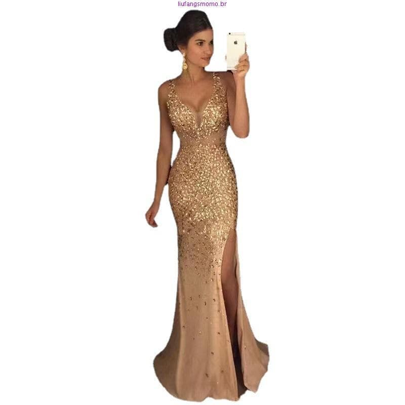 Vestido Longo De Lantejoulas Dourados Europeus Para Noite/Festa
