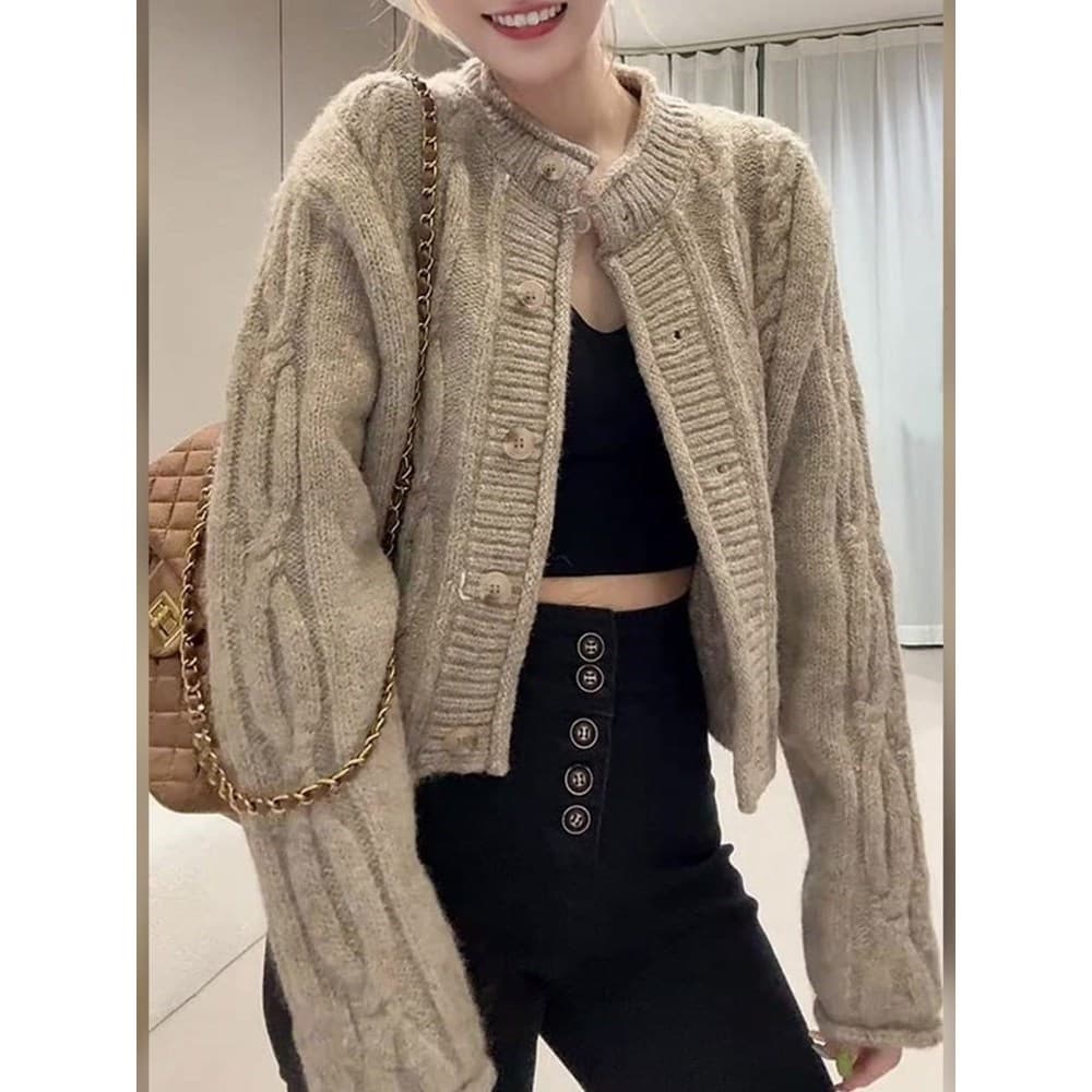 Estilo coreano Merad botão de malha Cardigan feminino 2026 outono novo estilo High-End cáqui topo feminino