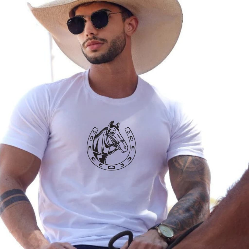 Camiseta Masculina Algodão Ferradura & Cavalo Country Western