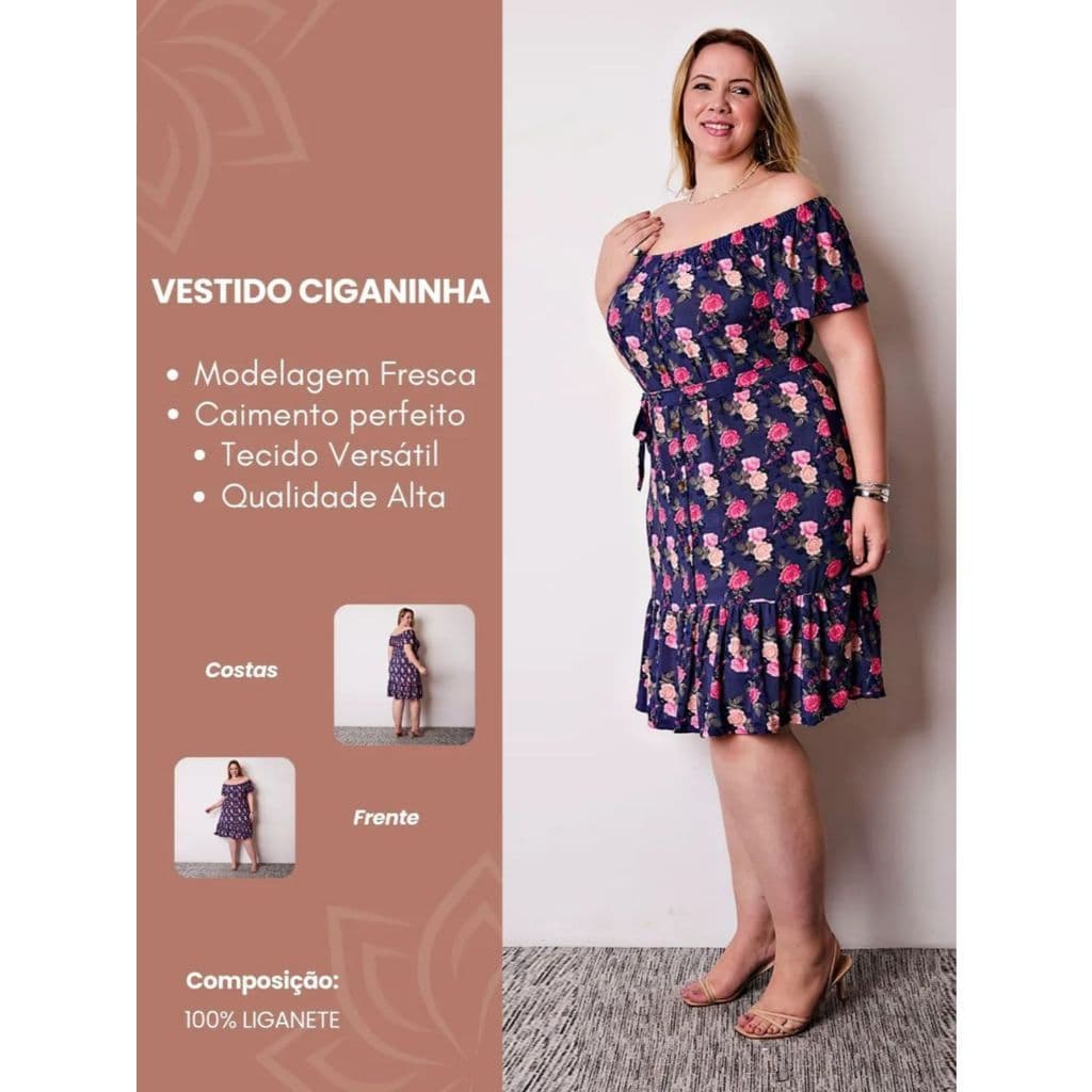 Vestido Plus Size Extra Grande Ciganinha Com Botão e Lacinho Estampado Casual Confortável