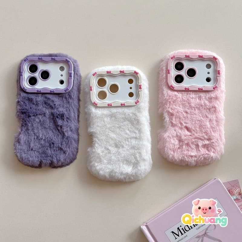 Capa De Telefone De Pelúcia Fofa Para iPhone 17 Pro Max Air 16 15 14 Plus 13 Inverno Com Suporte De Arco Aconchegante Ma