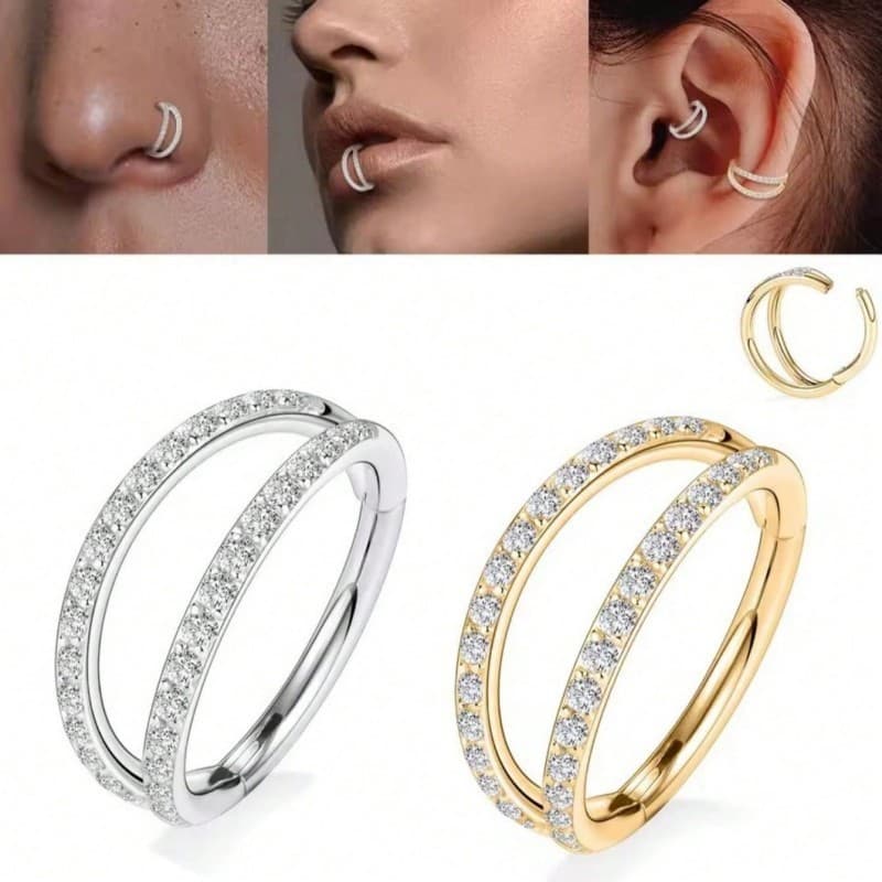 Piercing de Concha com Argola Dupla Articulada - Titânio PVD Cravejado de Zircônias