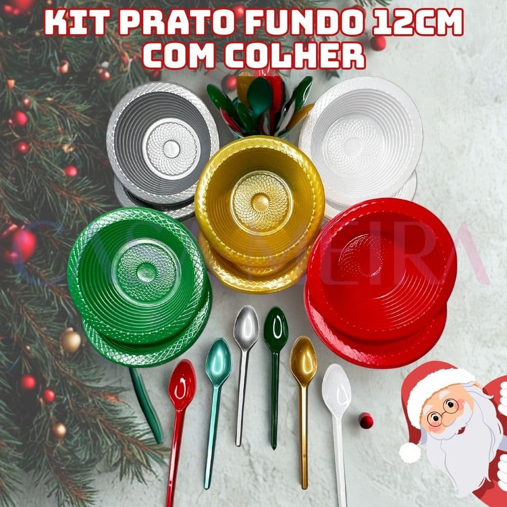 Prato Descartável Fundo Cumbuca 12cm 50 Unidades + 50 Colheres Petiscos Festa Bolo Salgadinho Doces Natal Ano Novo