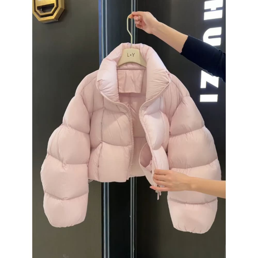 Único Super bonito rosa curto Puff para baixo jaqueta feminina inverno 2025 novo estilo versão coreana pequeno pão jaque