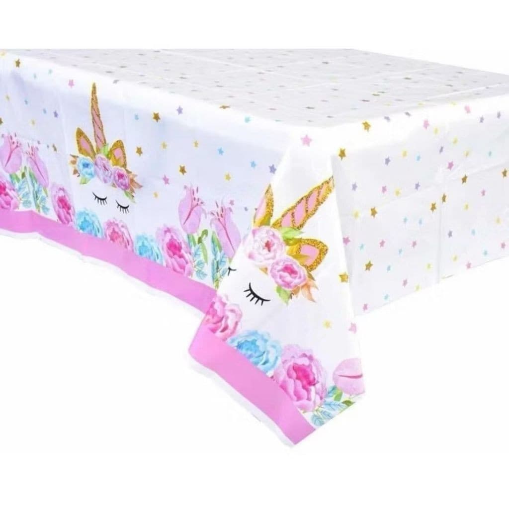 Toalha Plástica Festa Unicórnio Luxo 180x108cm Aniversario Unicornio Flores Decoração Festas Menina