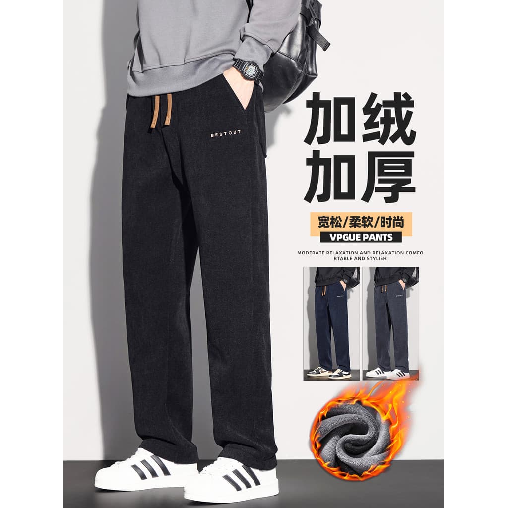 Calças casuais de veludo outono inverno forro de lã calças masculinas em linha reta solta quente exterior Wear listrado