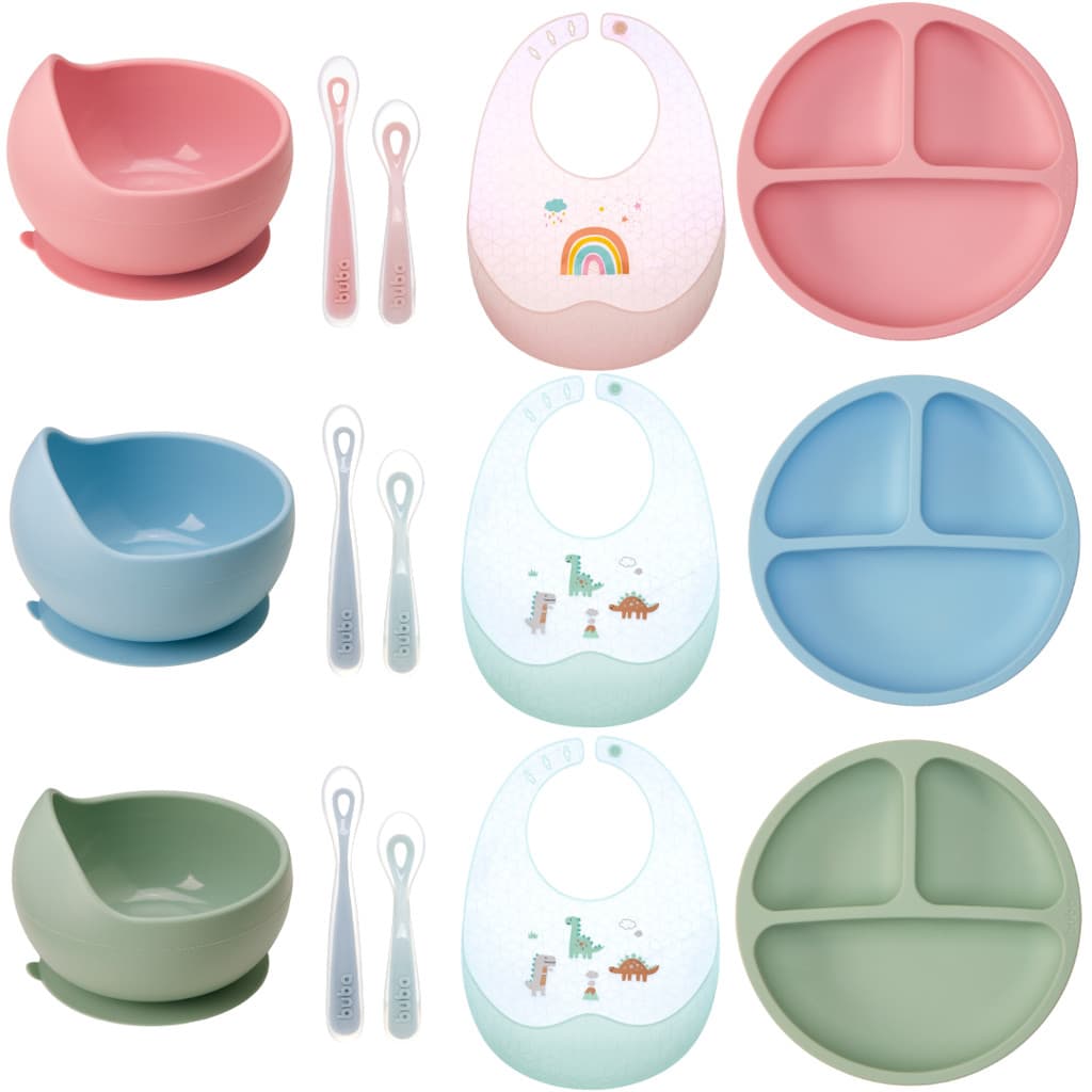 Kit Introdução Alimentar Silicone Buba 5 Peças Prato Bowl Ventosa + Kit Talher Fases + Babador Magic