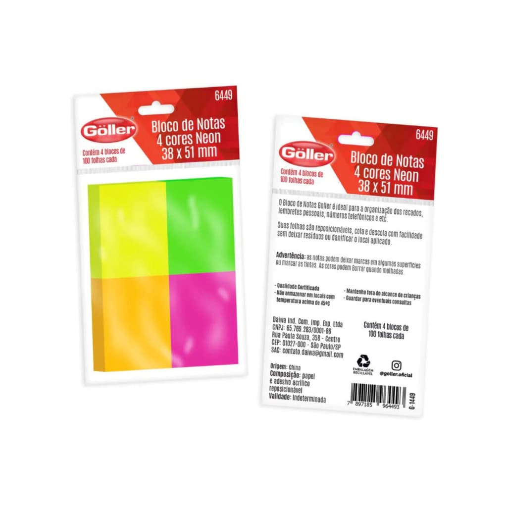 Kit Post It 4 Blocos Cores Neon 100 folhas cada - Göller