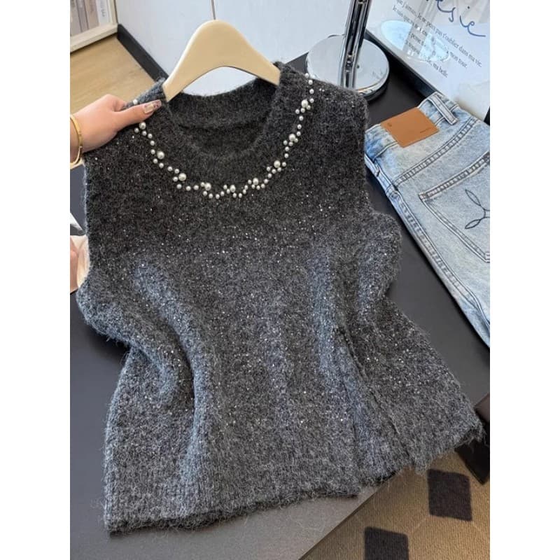 Colete de malha cinza com contas de seda brilhante de alta qualidade outono novo estilo Plus Size roupas femininas em ca