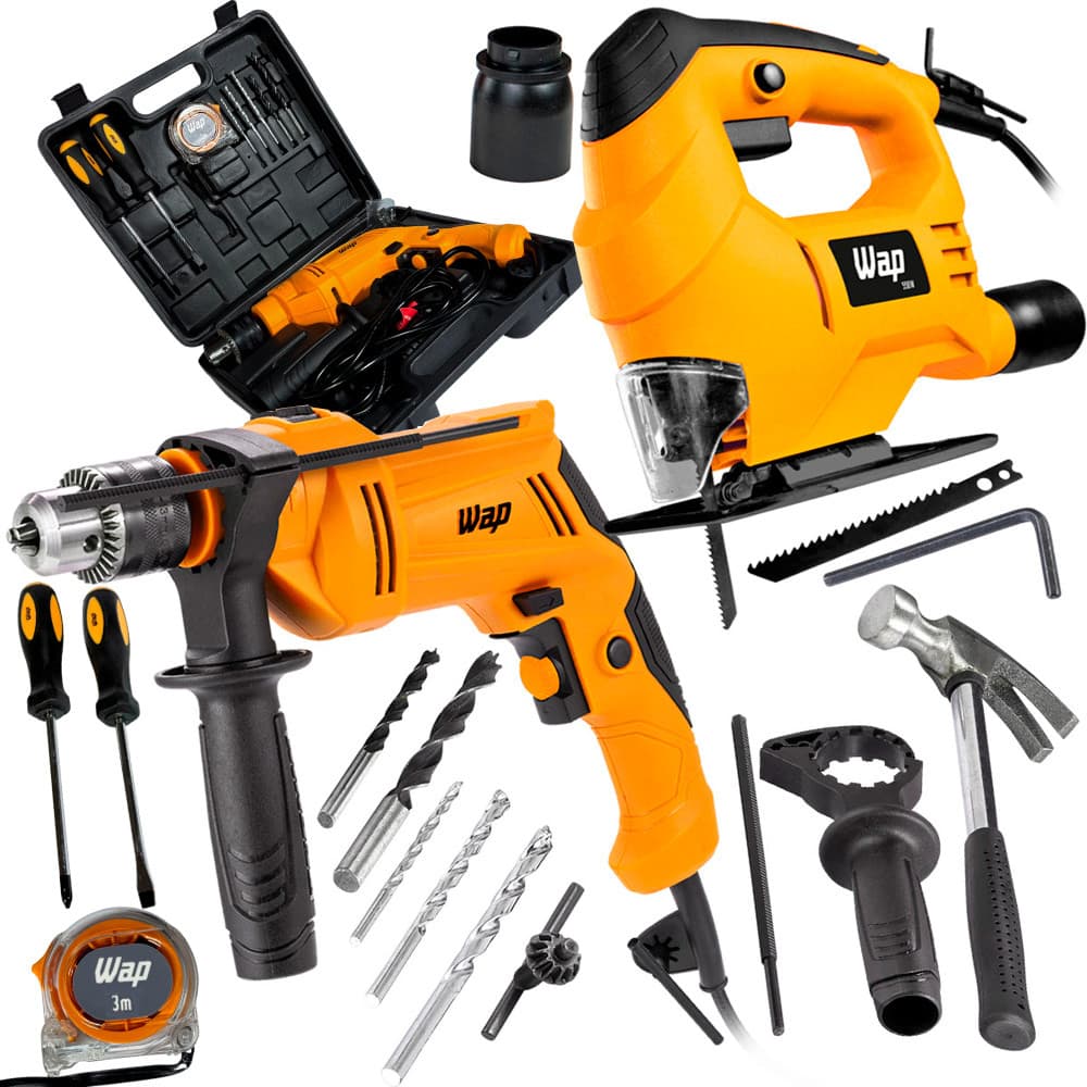 Kit Ferramentas Parafusadeira E Furadeira de Impacto com Serra Tico Tico e Maleta Martelo Broca Wap