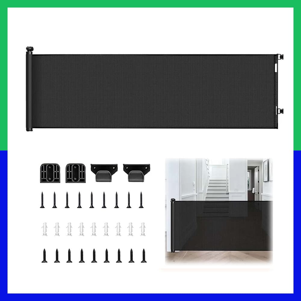Portão retrátil para bebês 300x86cm Preto – para Animais Pequenos, para Ambientes Internos, Resistente