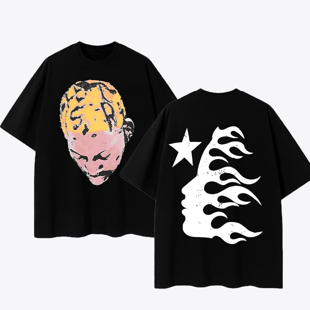 Camiseta Oversized Preta de Algodão, Alta Qualidade, Estampa Hellstar Rosto Colorido