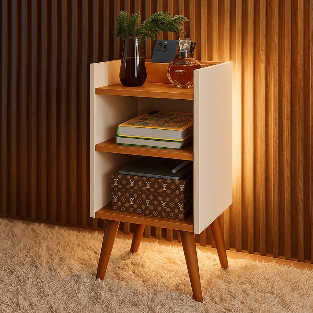 Mesa De Cabeceira Max Retrô Pés Em PVC Anti Umidade Com Porta/Celular Nicho Organizador - MOVEIS UP
