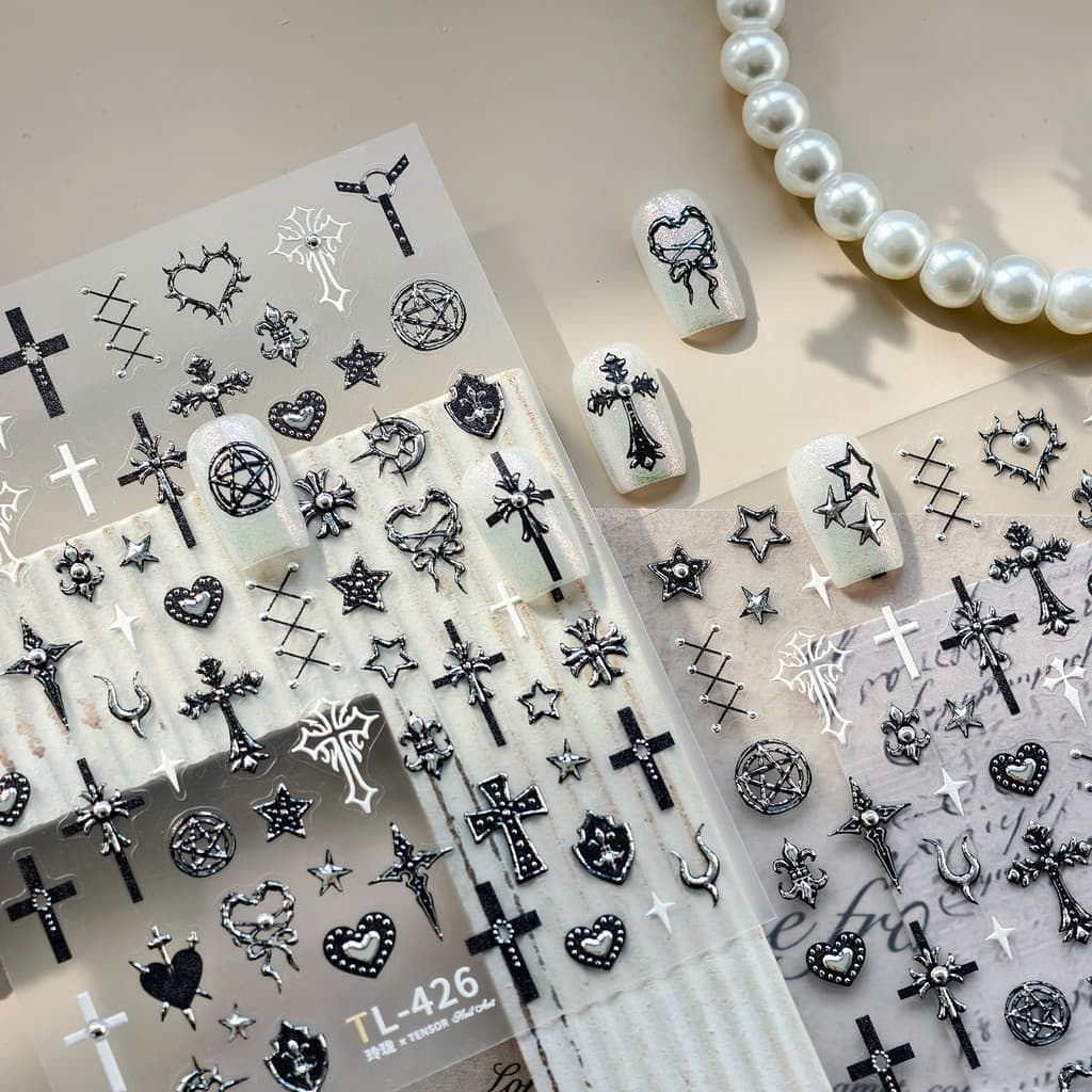 [Meow.sensei] TENSOR Gótico Punk Metal Manicure Adesivo TL426 Escuro Legal Cruz Estrela Amor Adesivo para Unhas