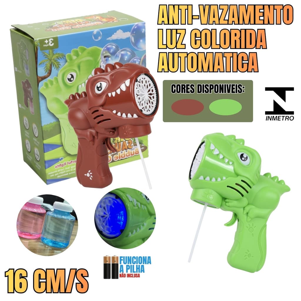 Máquina de Bolhas Infantil Dinossauro 16cm – Luz Automática, Antivazamento e Diversão Garantida