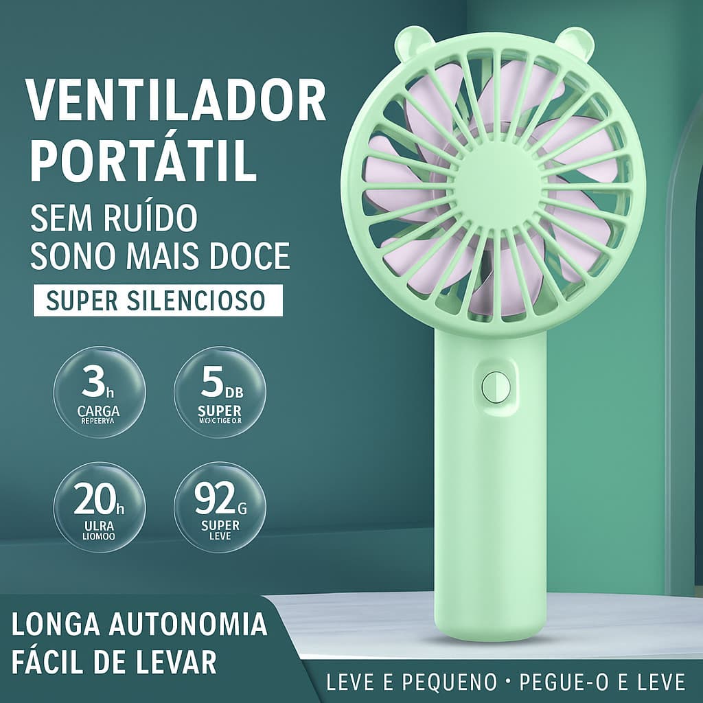 Ventilador Portátil de Mão USB Recarregável 3 Velocidades Silencioso Infantil