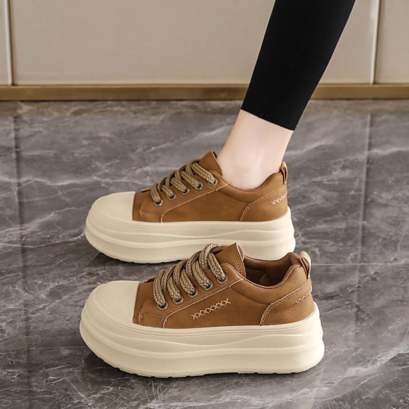 Tênis de aumento de sola grossa feminino 2026 novo estilo primavera outono sapatos femininos de couro genuíno tênis casu