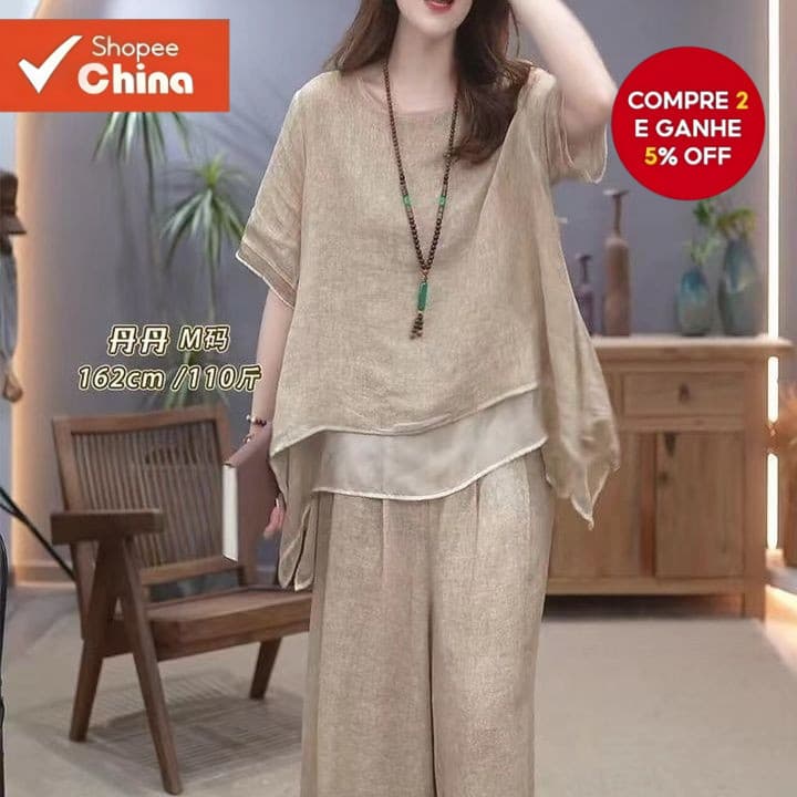 Conjunto Feminino de Algodão e Linho Estilo Étnico Solto Aparência Mais Slim Cor Sólida ao Redor do Pescoço Manga Média