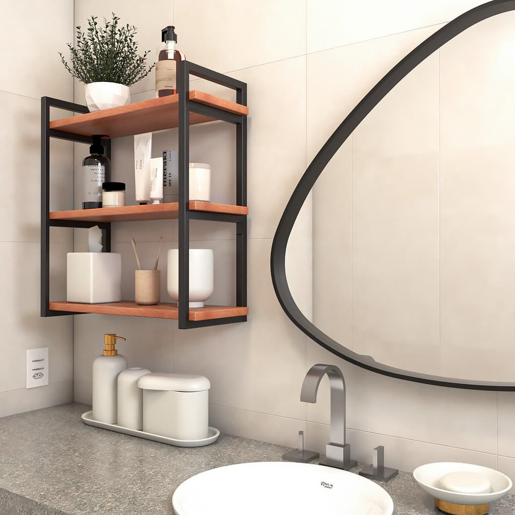 Prateleira de Parede Tripla Industrial Ferro e Madeira Maciça Pinus 60x20cm Nicho Triplo de Banheiro
