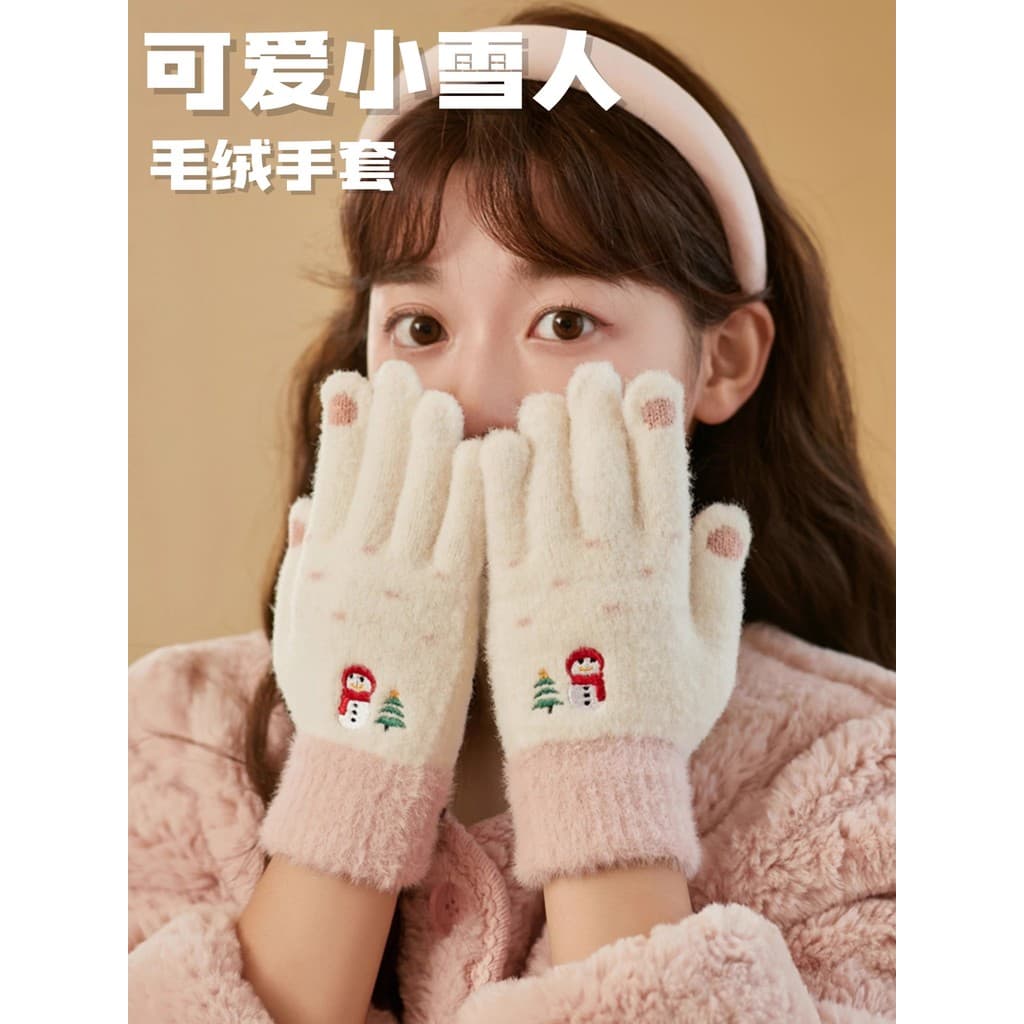 Luvas de pelúcia femininas inverno bonito pequeno boneco de neve pelúcia engrossado à prova de frio quente estudante cic