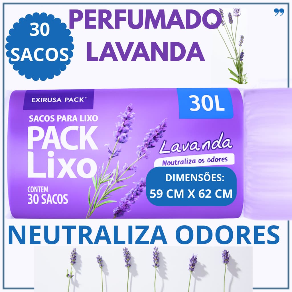 Sacos de Lixo 30 Litros – 30 Sacos | Com Perfume, Reforçado, Neutraliza Odores/ Anti Insetos| 59 x 62 cm