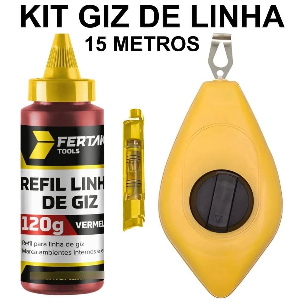 Kit Marcador de Linha Giz 15m + Refil 120g Vermelho + Nível Bolha Pedreiro Gesseiro Drywall Fertak