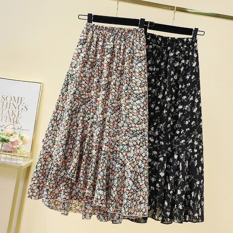 Saia Floral de Chiffon 2025 primavera verão novo estilo cintura elástica tamanho grande mais magro olhar a linha Drape s