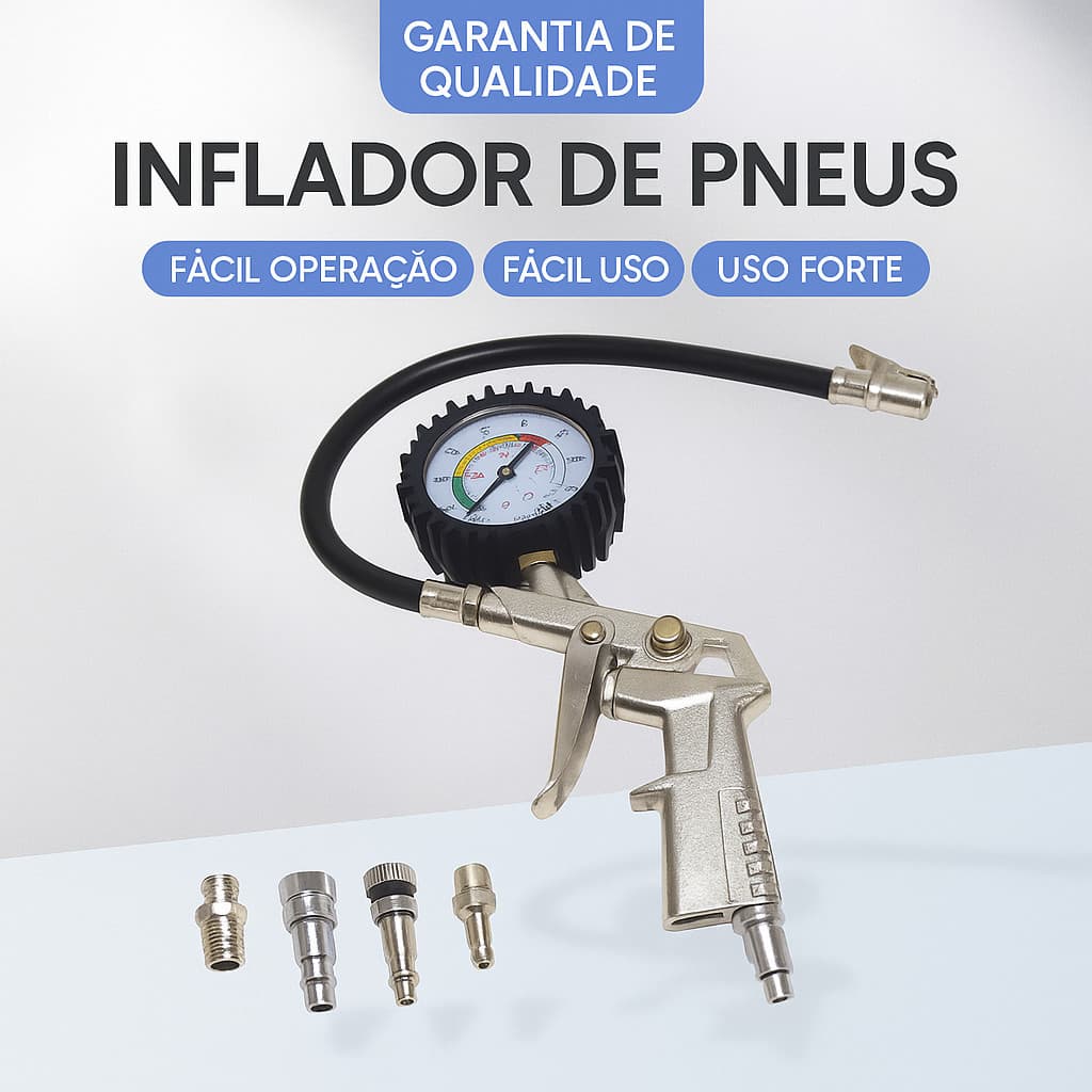 Calibrador e Inflador de Pneus Profissional com Manômetro 220 PSI / 15 BAR – Encaixe com Rosca