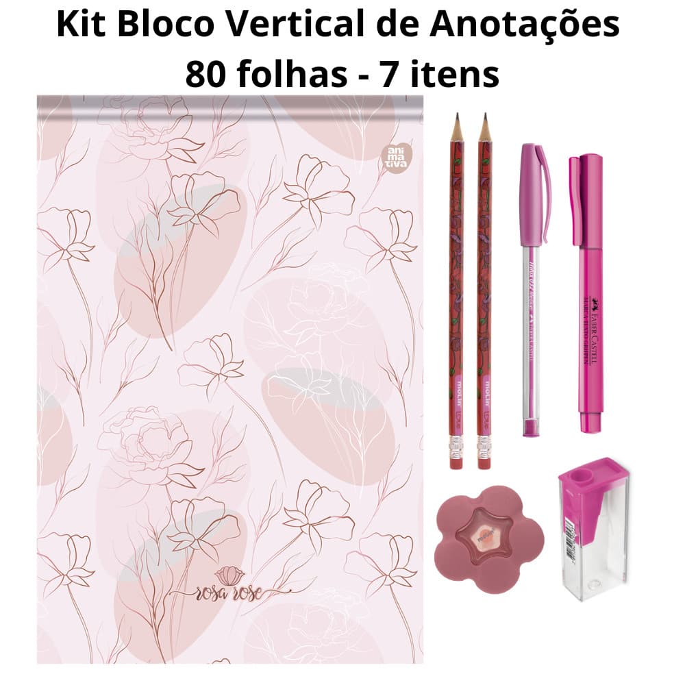 Kit Bloco de Anotações Vertical Capa Dura 80fl Rosa Rose Animativa