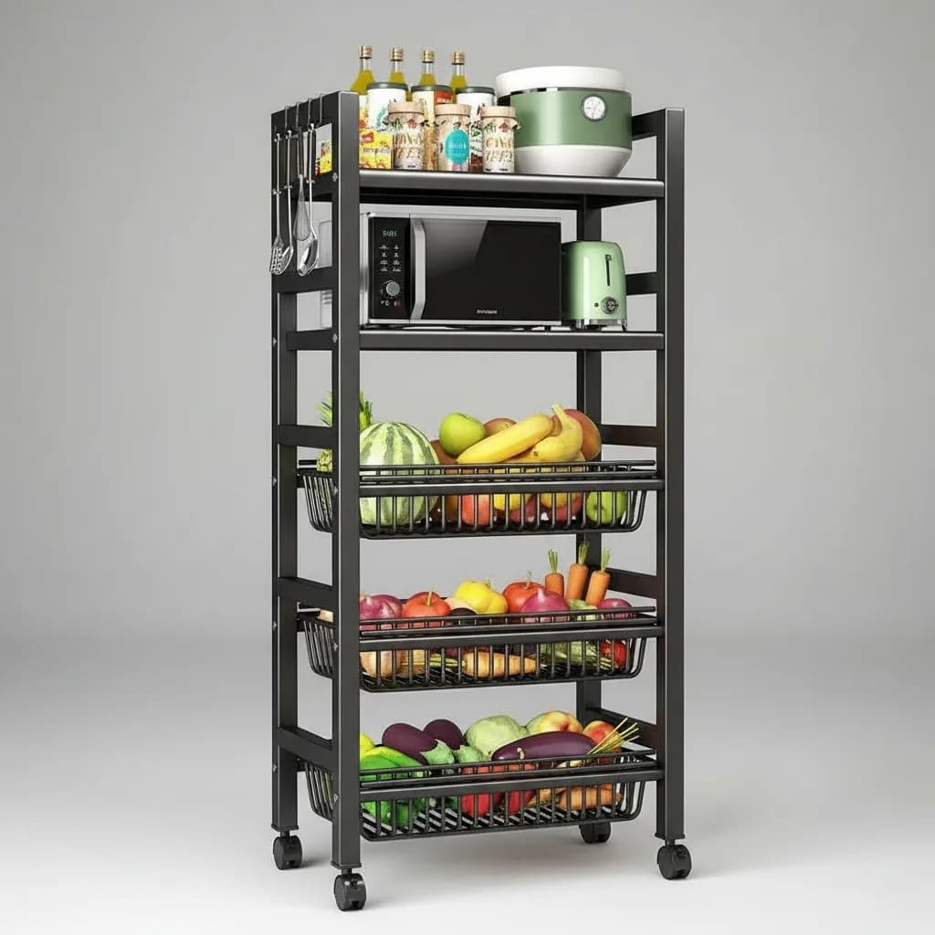 Fruteira Multiuso Cestos Rodinha Preta Organizador Cozinha Prática Moderna Durável