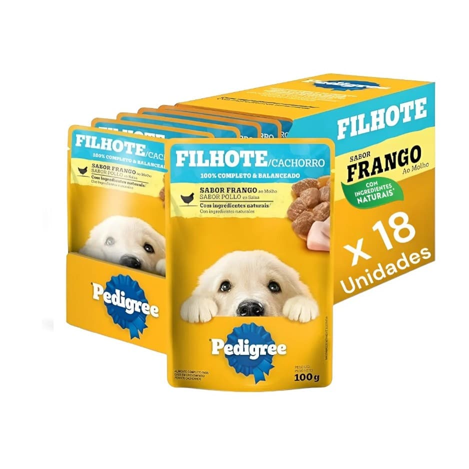 Kit 18 Ração Úmida Pedigree Sachê para Cães Filhotes sabor Frango ao Molho - 100g