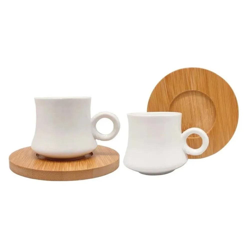Xicara com Pires de Bambu e Cerâmica Branca 90ml - PraCaza