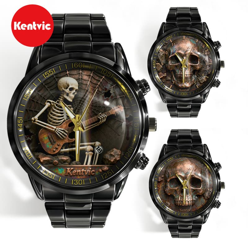 Relógio Masculino De Quartzo Hip-Hop Kentvic Com Pulseira De Aço Preta , Calendário , Guitarra De Caveira E Design Dia D