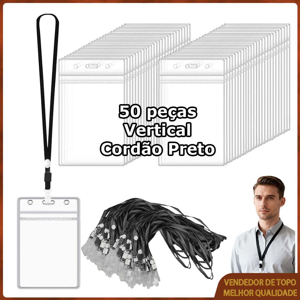 50 peças Porta-cartão de identificação + cordão preto Porta-crachá vertical transparente,Cordões Porta Crachá