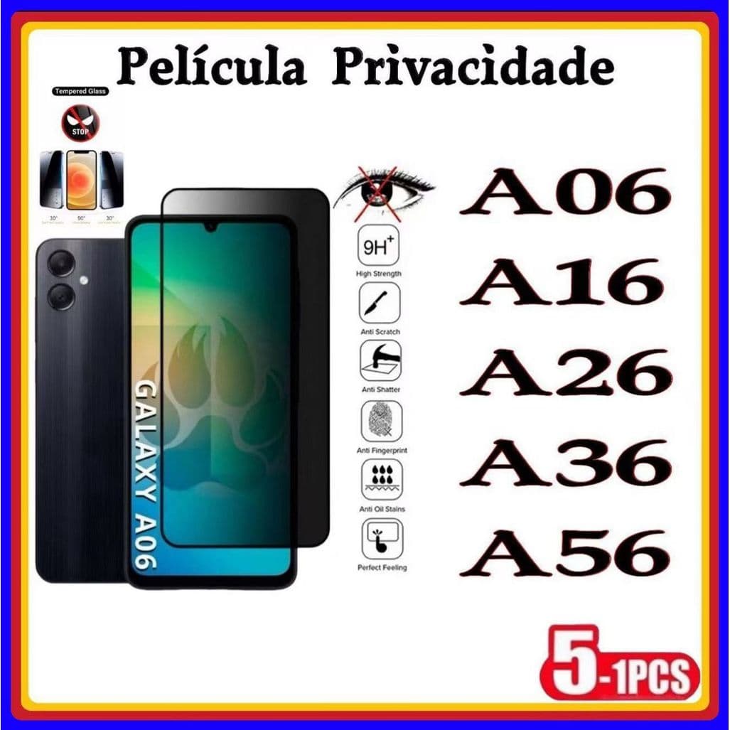 Película de Privacidade 3D Vidro Temperado Anti Spy Samsung A06 A16 A26 A36 A56
