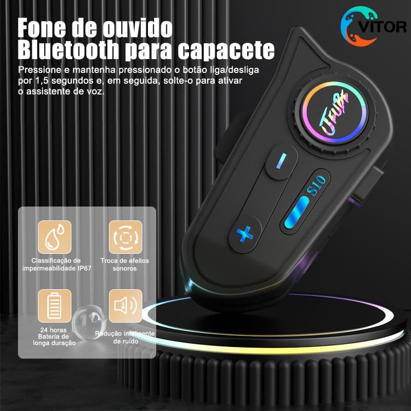Intercom Bluetooth 5.4 para Capacete Moto IP67, 24h Bateria, Cancelamento de Ruído, Chamadas e Música VITOR